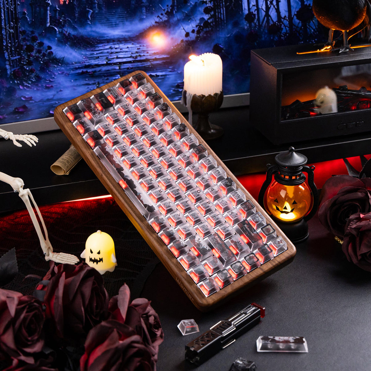 Halloween Blood Rose Bundle — Womier WD75 HE Keyboard + Dark Red Rose Keycaps + Red Graffiti Glass Mouse Pad - Womier Keyboard