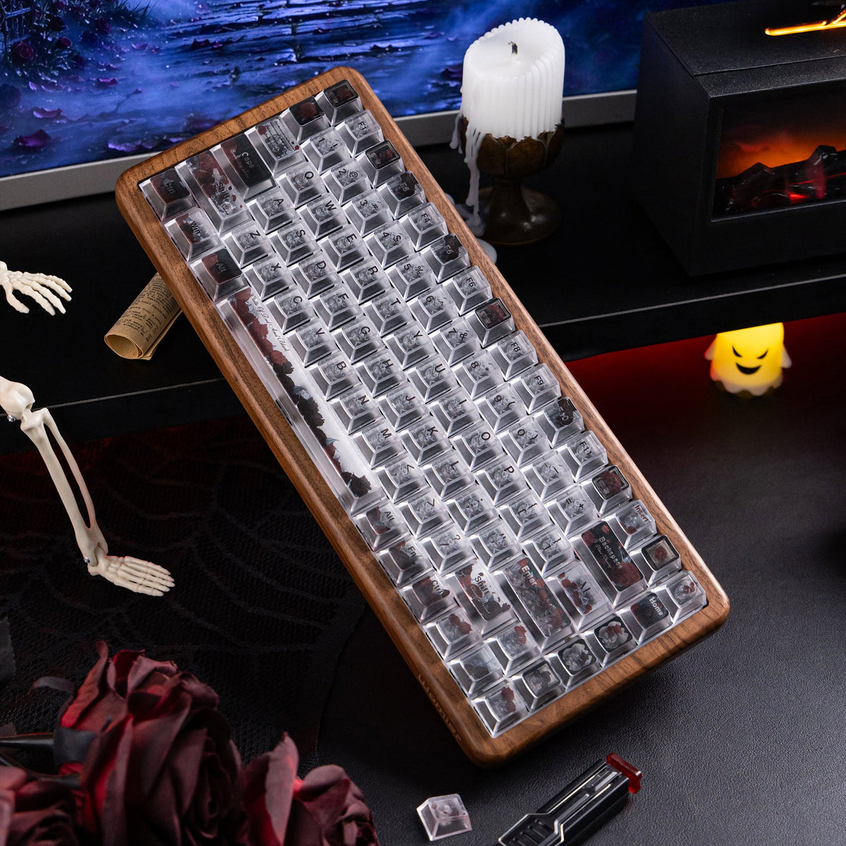 Halloween Blood Rose Bundle — Womier WD75 HE Keyboard + Dark Red Rose Keycaps + Red Graffiti Glass Mouse Pad - Womier Keyboard