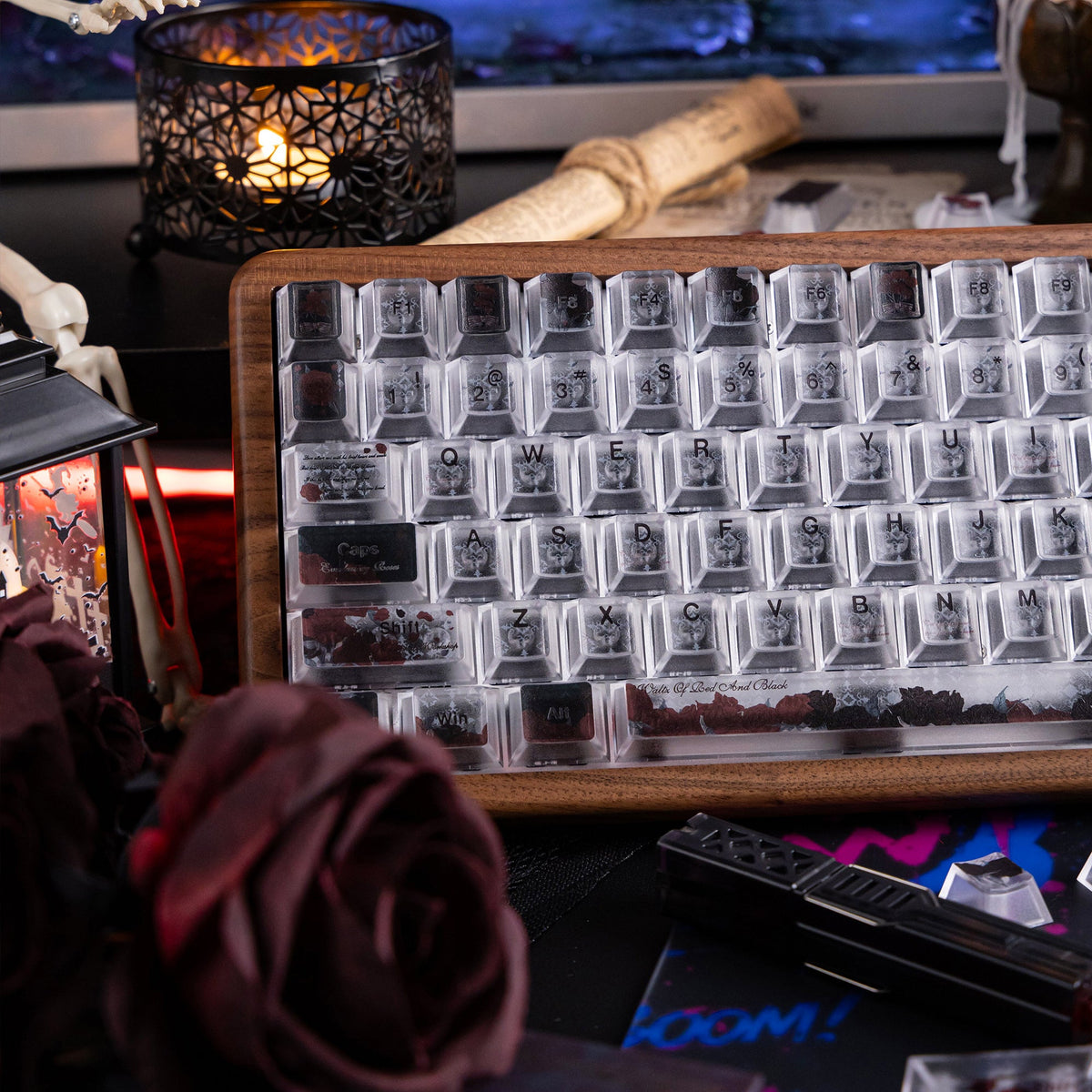 Halloween Blood Rose Bundle — Womier WD75 HE Keyboard + Dark Red Rose Keycaps + Red Graffiti Glass Mouse Pad - Womier Keyboard