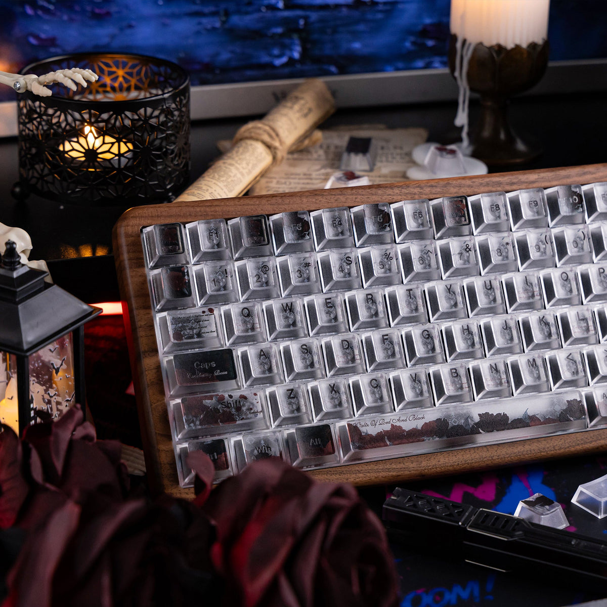 Halloween Blood Rose Bundle — Womier WD75 HE Keyboard + Dark Red Rose Keycaps + Red Graffiti Glass Mouse Pad - Womier Keyboard
