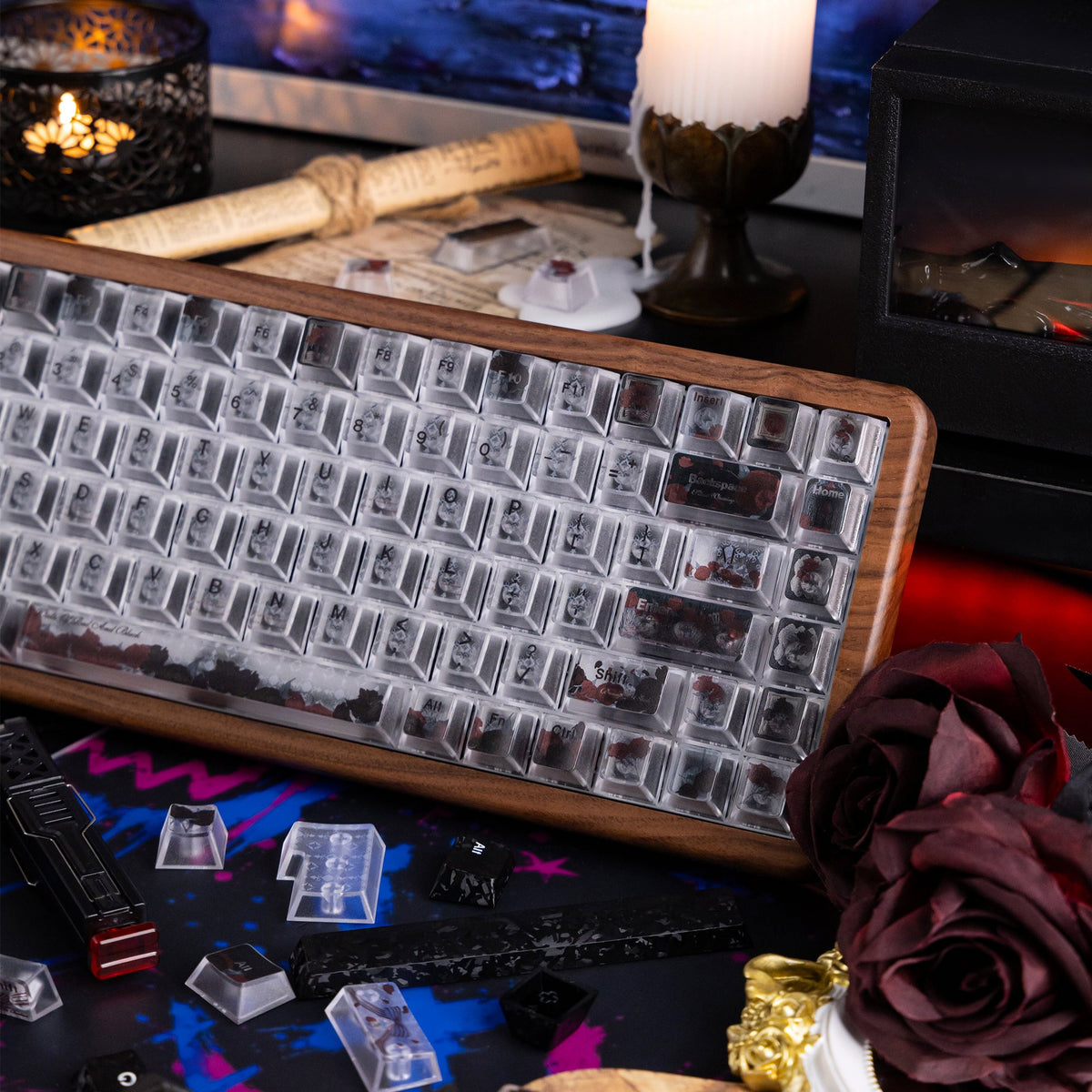 Halloween Blood Rose Bundle — Womier WD75 HE Keyboard + Dark Red Rose Keycaps + Red Graffiti Glass Mouse Pad - Womier Keyboard