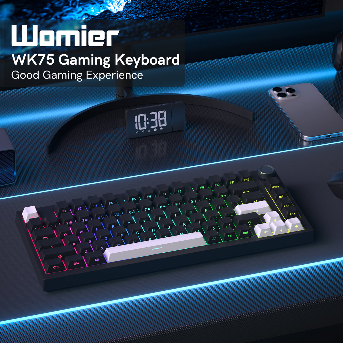 WK75 Mechanical Keyboard,75% Gaming Keyboard, 3-Mode Hot-Swappable Wireless Keyboard Custom Keyboard with RGB Backlit,PBT Keycaps,Black - Womier Keyboard