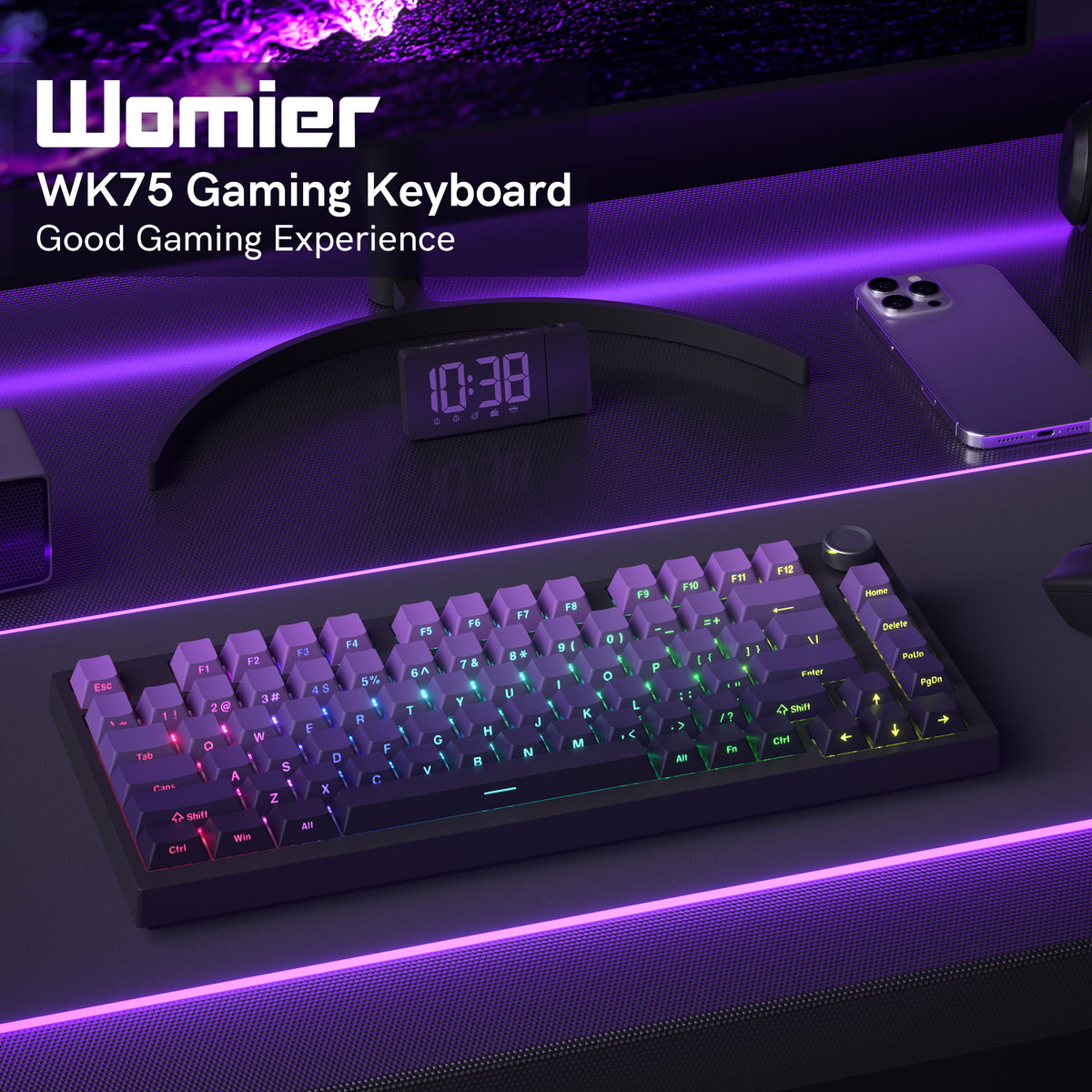 WK75 75% Wireless Mechanical Keyboard, 75% Hot Swappable Custom Keyboard with Knob, RGB Backlit, Pre-lubed Switches, 2.4GHz/USB-C/BT5.0 Gaming Keyboards (Purple) - Womier Keyboard
