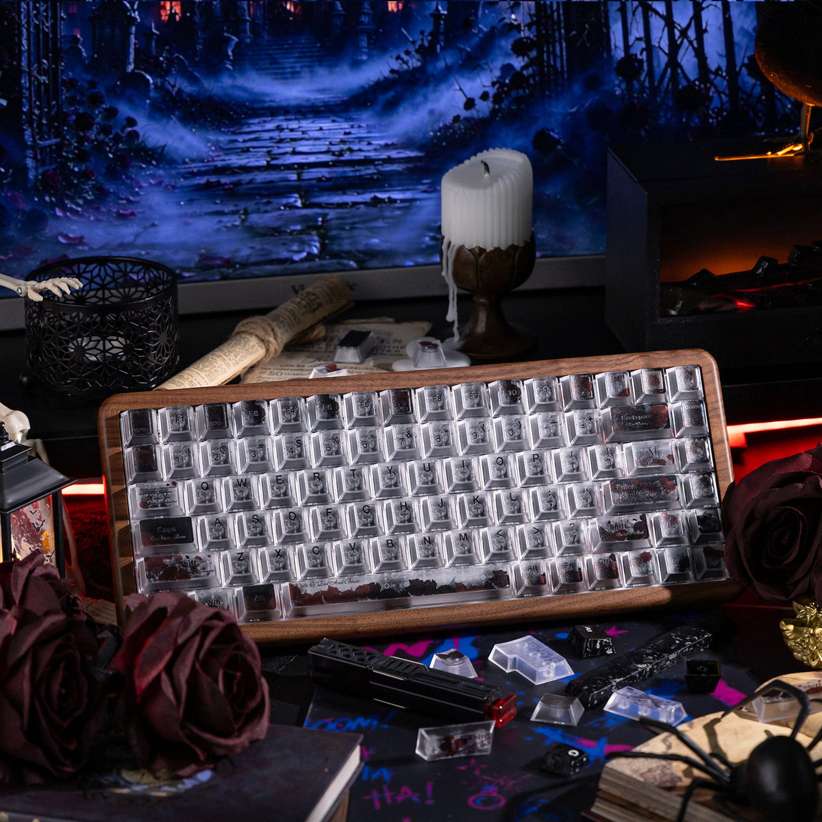 Halloween Blood Rose Bundle — Womier WD75 HE Keyboard + Dark Red Rose Keycaps + Red Graffiti Glass Mouse Pad - Womier Keyboard