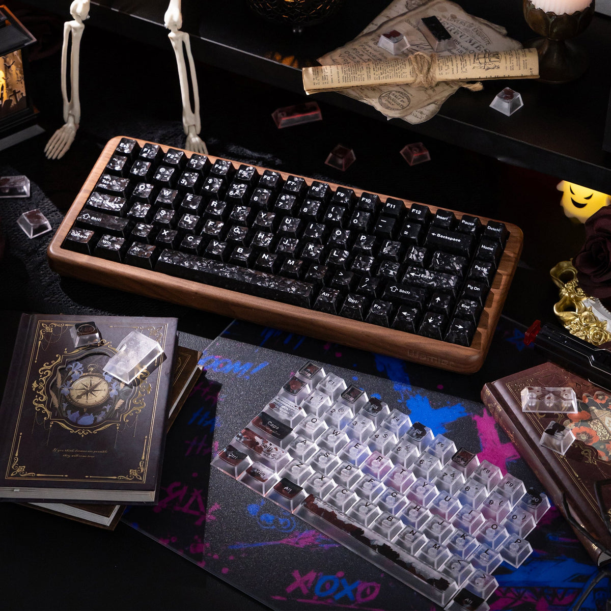 Halloween Blood Rose Bundle — Womier WD75 HE Keyboard + Dark Red Rose Keycaps + Red Graffiti Glass Mouse Pad - Womier Keyboard